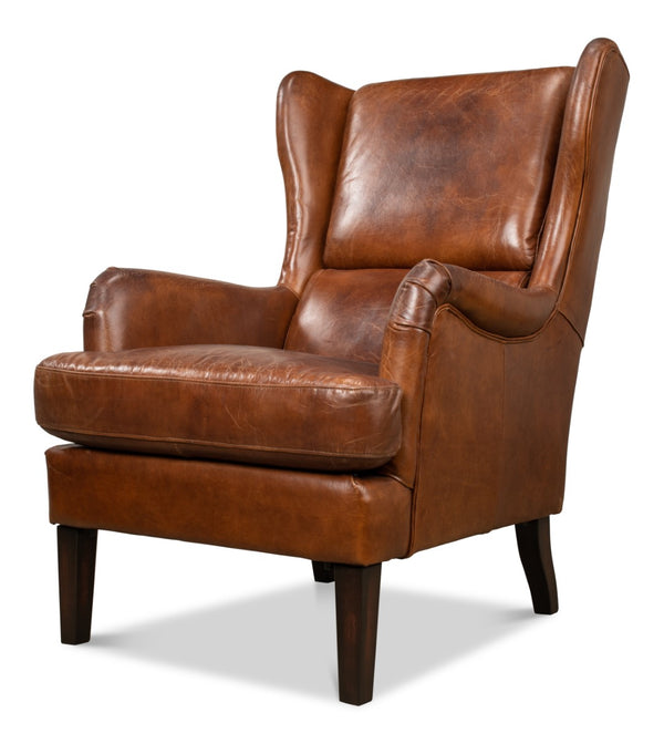 Sarreid Elite Wing Lounge Chair - Vintage Havana Leather With Rubber Wood Frame For Timeless Elegance Brown  40801