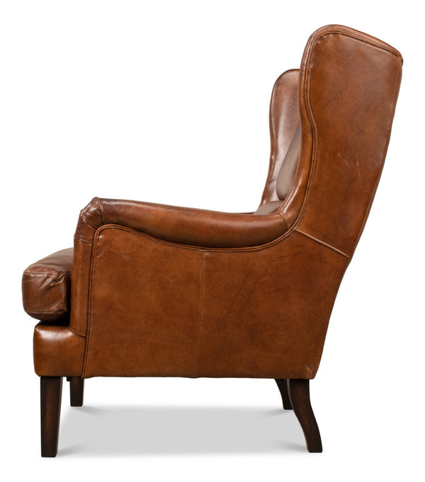 Sarreid Elite Wing Lounge Chair - Vintage Havana Leather With Rubber Wood Frame For Timeless Elegance Brown  40801