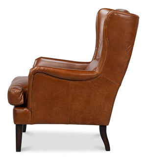 Sarreid Elite Wing Lounge Chair - Vintage Havana Leather With Rubber Wood Frame For Timeless Elegance Brown  40801