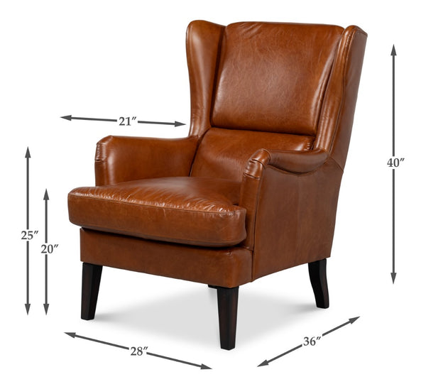 Sarreid Elite Wing Lounge Chair - Vintage Havana Leather With Rubber Wood Frame For Timeless Elegance Brown  40801