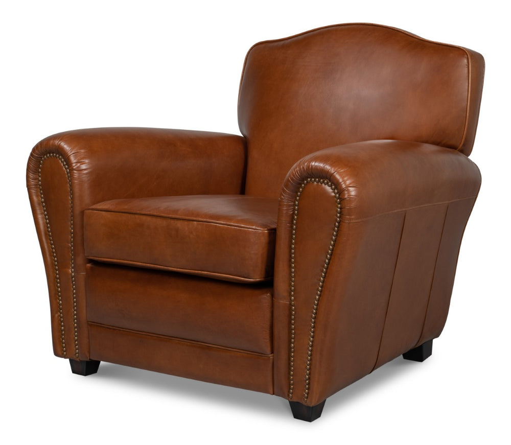 Sarreid Elite French Club Chair - Vintage Havana Leather & Solid Wood Design For Timeless Elegance Brown  40802