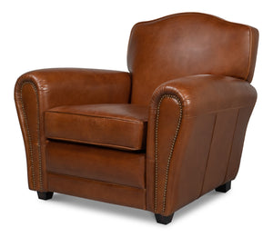 Sarreid Elite French Club Chair - Vintage Havana Leather & Solid Wood Design For Timeless Elegance Brown  40802