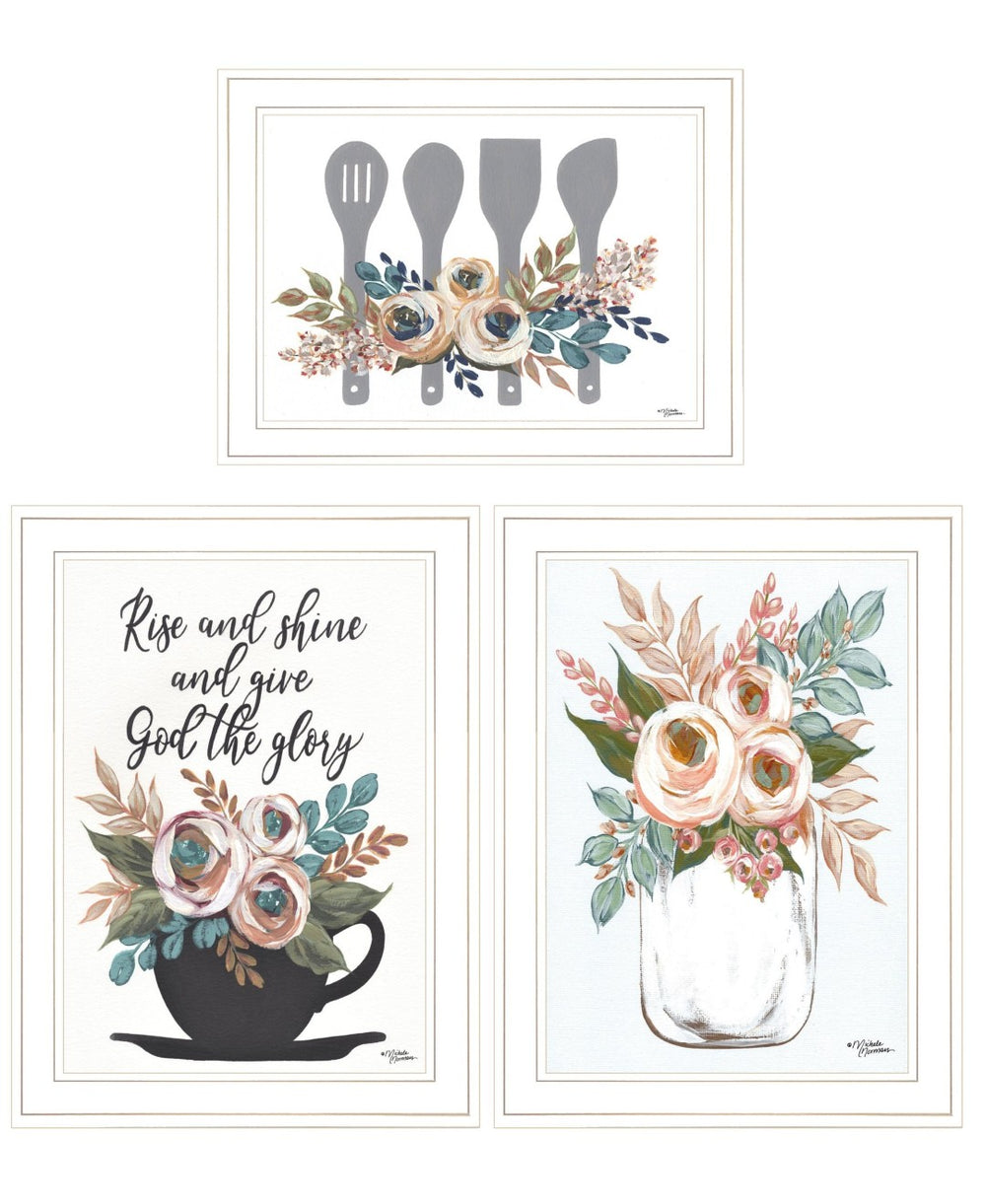 HomeRoots Set of Three Rustic Farmhouse White Framed Kitchen Prints – Uplifting Coffee-Inspired Art Decor 408029