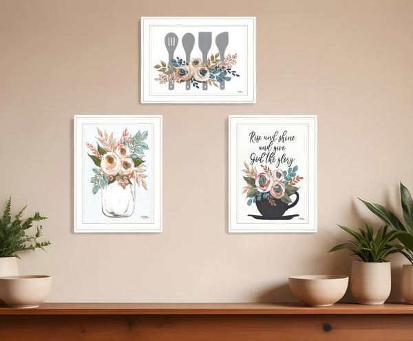 HomeRoots Set of Three Rustic Farmhouse White Framed Kitchen Prints – Uplifting Coffee-Inspired Art Decor 408029