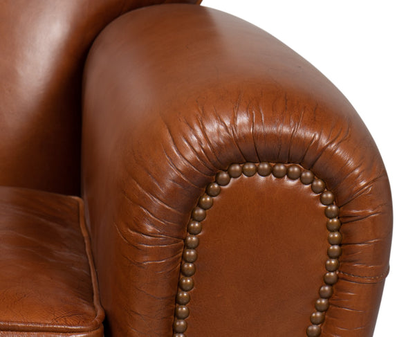 Sarreid Elite French Club Chair - Vintage Havana Leather & Solid Wood Design For Timeless Elegance Brown  40802