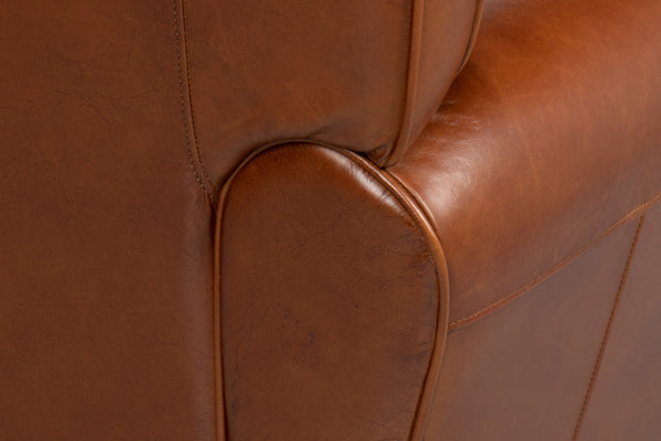 Sarreid Elite French Club Chair - Vintage Havana Leather & Solid Wood Design For Timeless Elegance Brown  40802