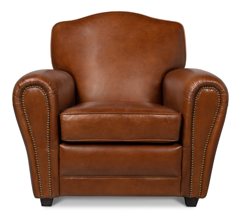 Sarreid Elite French Club Chair - Vintage Havana Leather & Solid Wood Design For Timeless Elegance Brown  40802