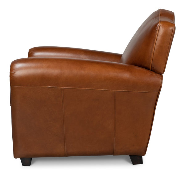 Sarreid Elite French Club Chair - Vintage Havana Leather & Solid Wood Design For Timeless Elegance Brown  40802