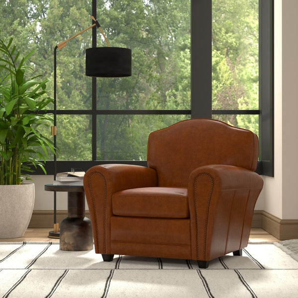 Sarreid Elite French Club Chair - Vintage Havana Leather & Solid Wood Design For Timeless Elegance Brown  40802