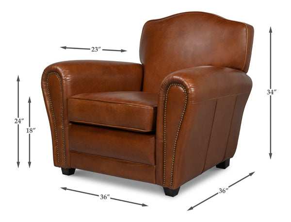 Sarreid Elite French Club Chair - Vintage Havana Leather & Solid Wood Design For Timeless Elegance Brown  40802