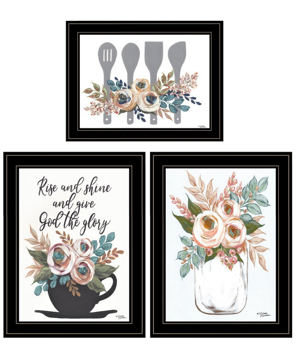 HomeRoots Set of Three Rise and Shine Kitchen Framed Prints – Rustic Wall Art for Modern Farmhouse Decor Black and Gold 408030