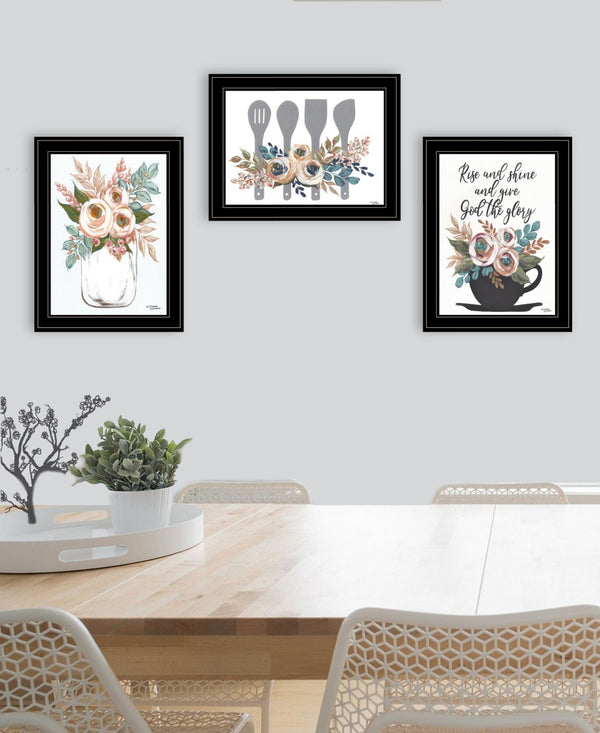 HomeRoots Set of Three Rise and Shine Kitchen Framed Prints – Rustic Wall Art for Modern Farmhouse Decor Black and Gold 408030