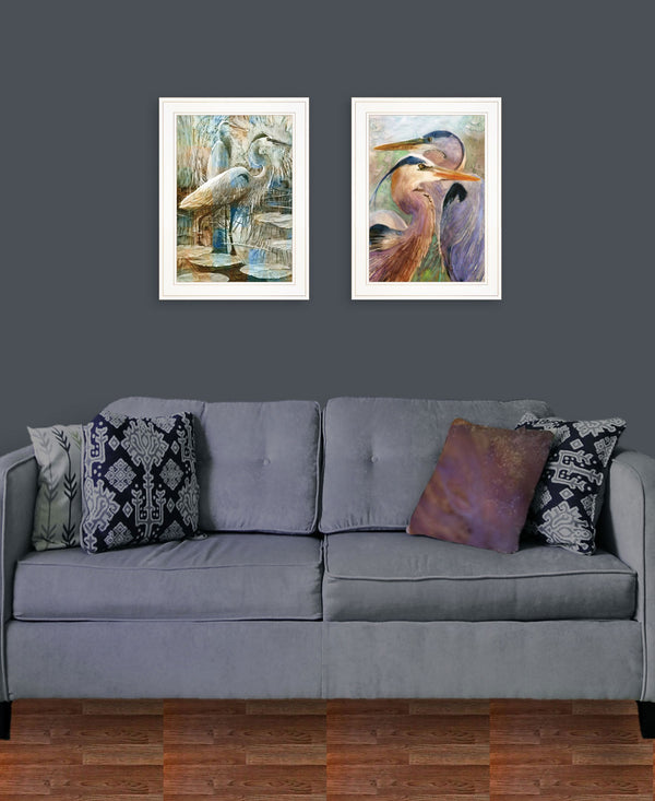 Homeroots Set Of Two Blue Heron Duet White Framed Print Wall Art White Wood Print 408043
