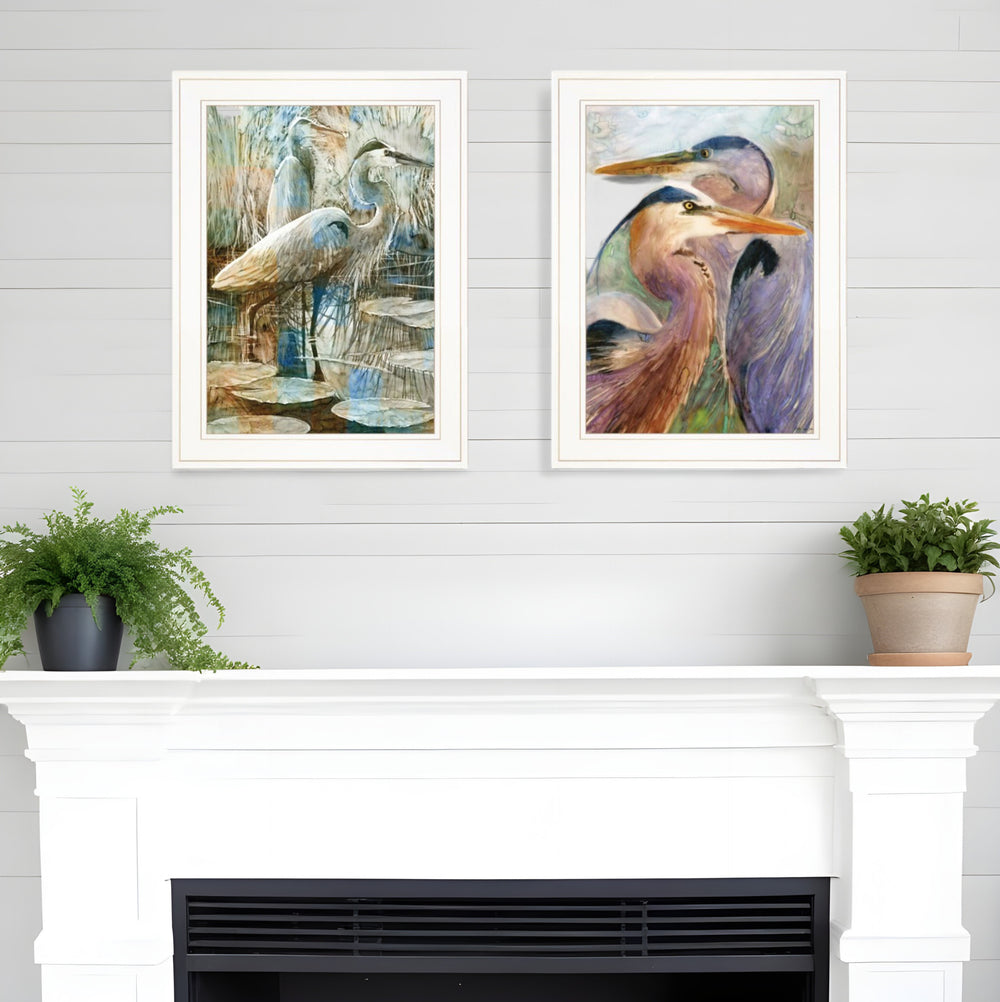 Homeroots Set Of Two Blue Heron Duet White Framed Print Wall Art White Wood Print 408043