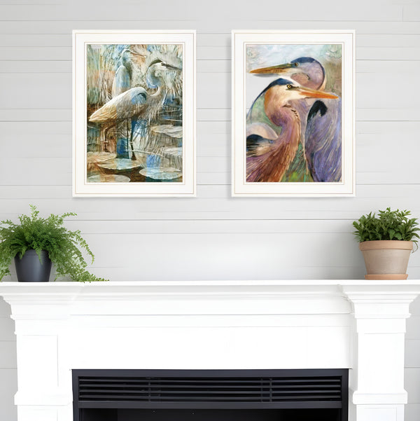 Homeroots Set Of Two Blue Heron Duet White Framed Print Wall Art White Wood Print 408043