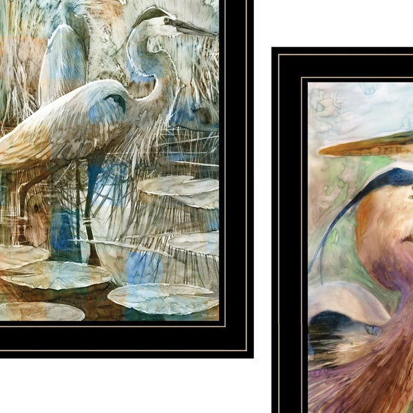 Homeroots Set Of Two Blue Heron Duet Black Framed Print Wall Art  Wood Print 408044