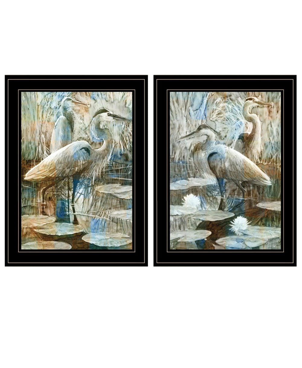 HomeRoots Set of Two Coastal Marsh Herons I & Sea II Framed Wall Art for Modern Farmhouse Decor Black and Gold 408047
