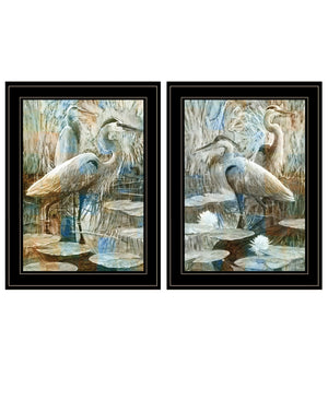 HomeRoots Set of Two Coastal Marsh Herons I & Sea II Framed Wall Art for Modern Farmhouse Decor Black and Gold 408047