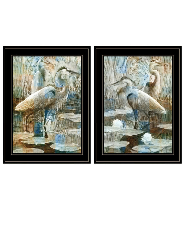 HomeRoots Set of Two Coastal Marsh Herons I & Sea II Framed Wall Art for Modern Farmhouse Decor Black and Gold 408047
