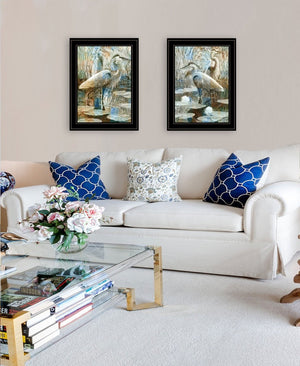 HomeRoots Set of Two Coastal Marsh Herons I & Sea II Framed Wall Art for Modern Farmhouse Decor Black and Gold 408047