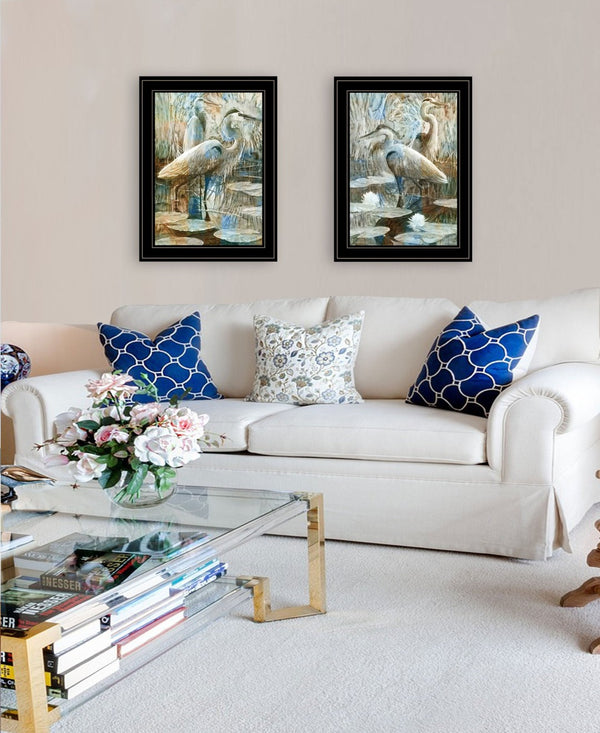 HomeRoots Set of Two Coastal Marsh Herons I & Sea II Framed Wall Art for Modern Farmhouse Decor Black and Gold 408047