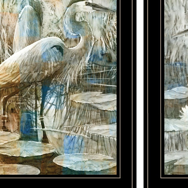 HomeRoots Set of Two Coastal Marsh Herons I & Sea II Framed Wall Art for Modern Farmhouse Decor Black and Gold 408047