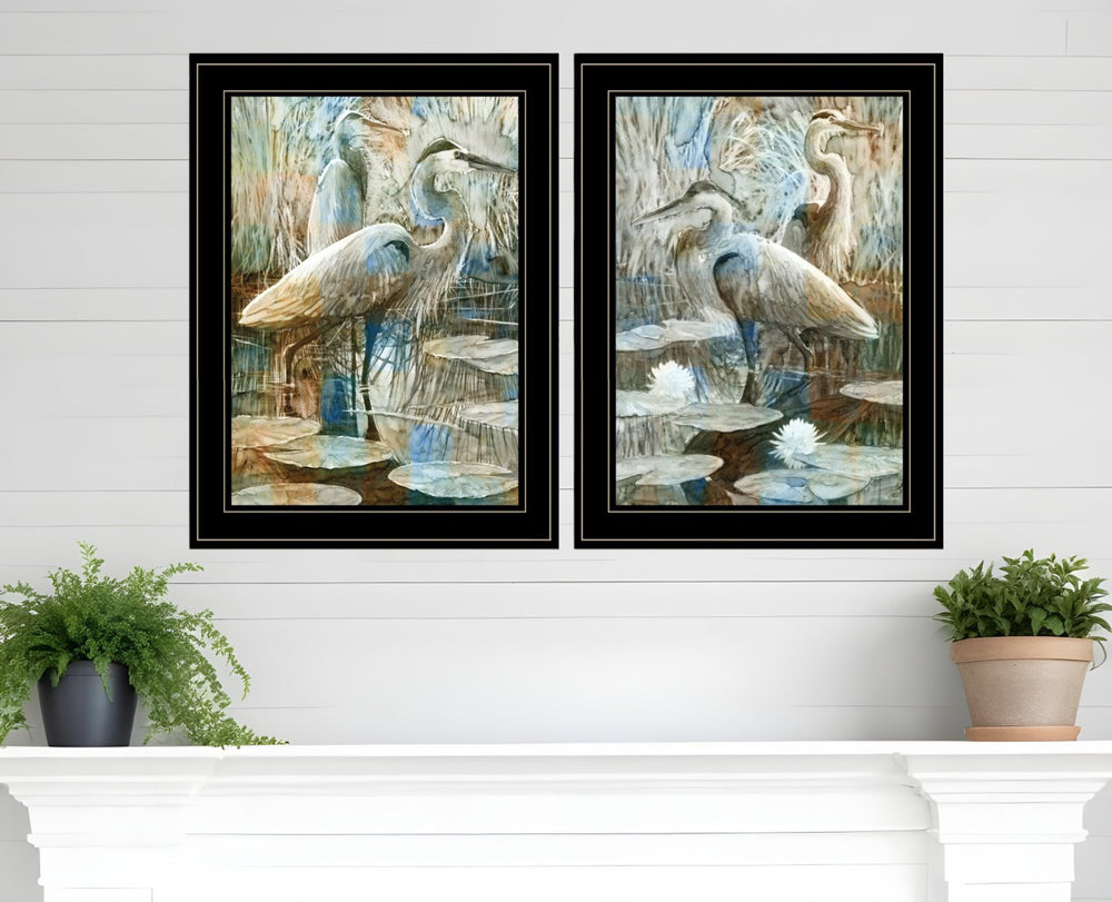 HomeRoots Set of Two Coastal Marsh Herons I & Sea II Framed Wall Art for Modern Farmhouse Decor Black and Gold 408047