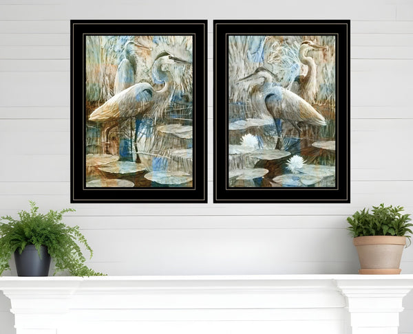 HomeRoots Set of Two Coastal Marsh Herons I & Sea II Framed Wall Art for Modern Farmhouse Decor Black and Gold 408047