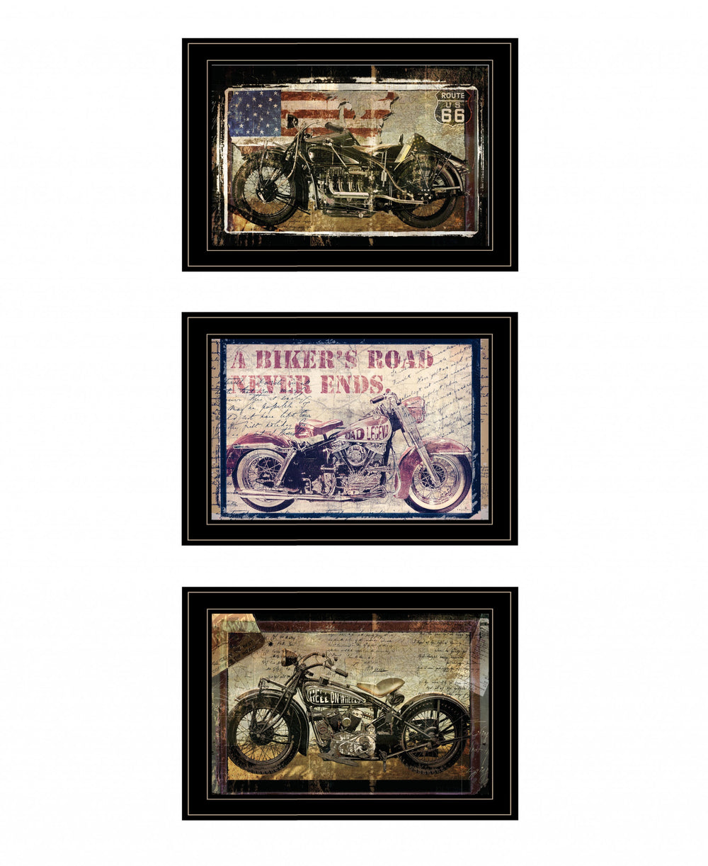 Homeroots Set Of Three Classical Motorcycle 2 Black Framed Print Wall Art Black And Gold Wood Print 408056