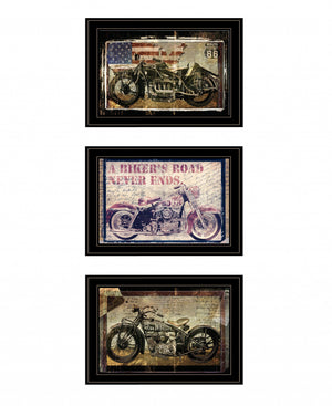 Homeroots Set Of Three Classical Motorcycle 2 Black Framed Print Wall Art Black And Gold Wood Print 408056