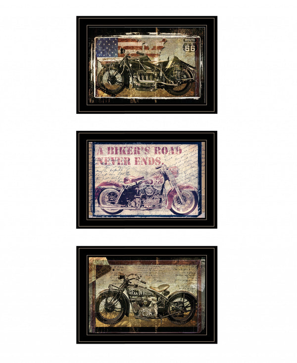Homeroots Set Of Three Classical Motorcycle 2 Black Framed Print Wall Art Black And Gold Wood Print 408056