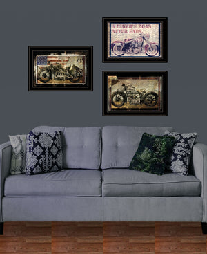 Homeroots Set Of Three Classical Motorcycle 2 Black Framed Print Wall Art Black And Gold Wood Print 408056