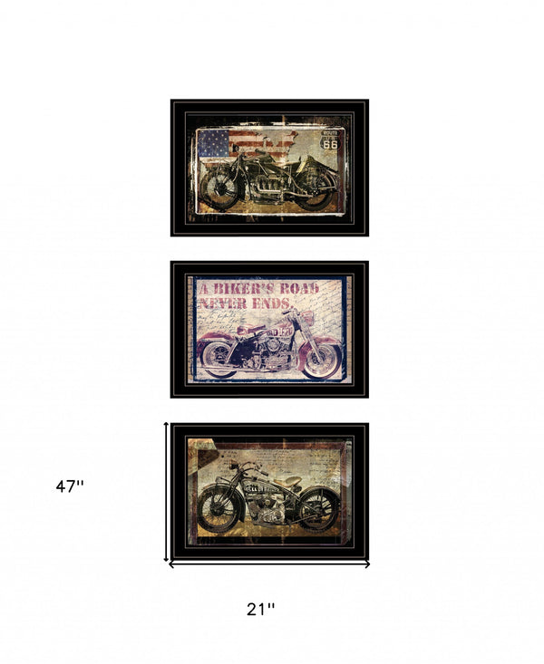 Homeroots Set Of Three Classical Motorcycle 2 Black Framed Print Wall Art Black And Gold Wood Print 408056