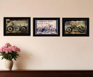 Homeroots Set Of Three Classical Motorcycle 2 Black Framed Print Wall Art Black And Gold Wood Print 408056