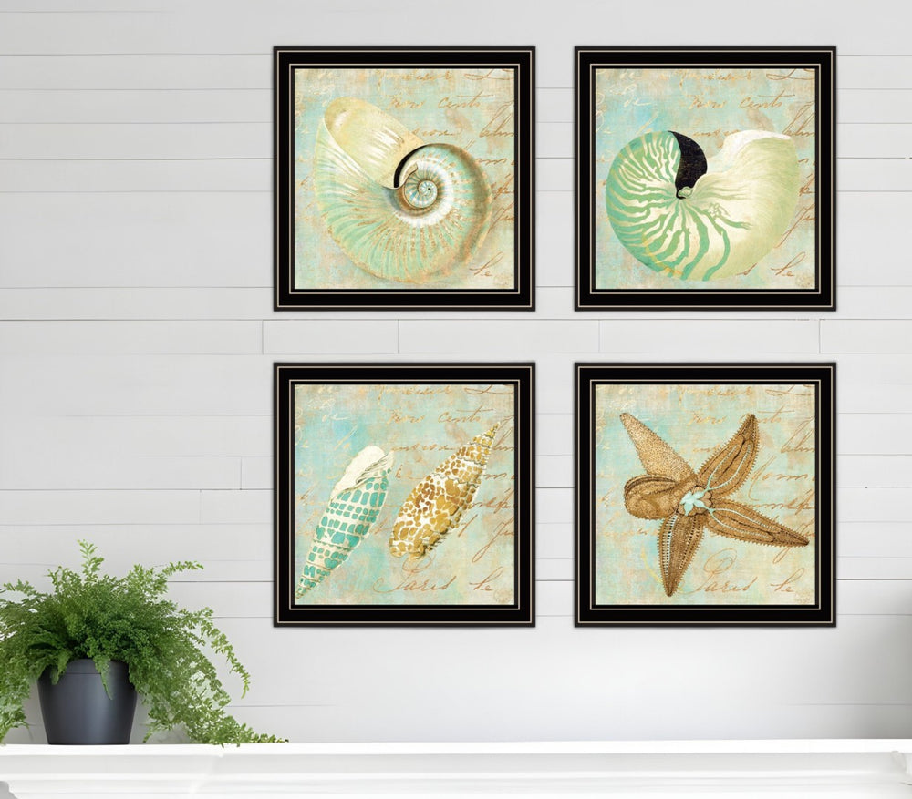 HomeRoots Set of Four Coastal-Inspired Framed Ocean Prints for a Modern Farmhouse Gallery Wall Décor Black and Gold 408057