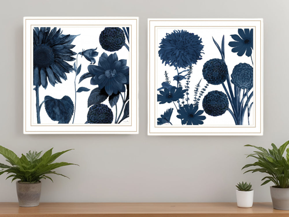 Homeroots Set Of Two Sunflower Blues 2 White Framed Print Wall Art  Wood Print 408064