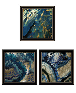Homeroots Set Of Three Deep Blue 1 Black Framed Print Wall Art  Wood Print 408074