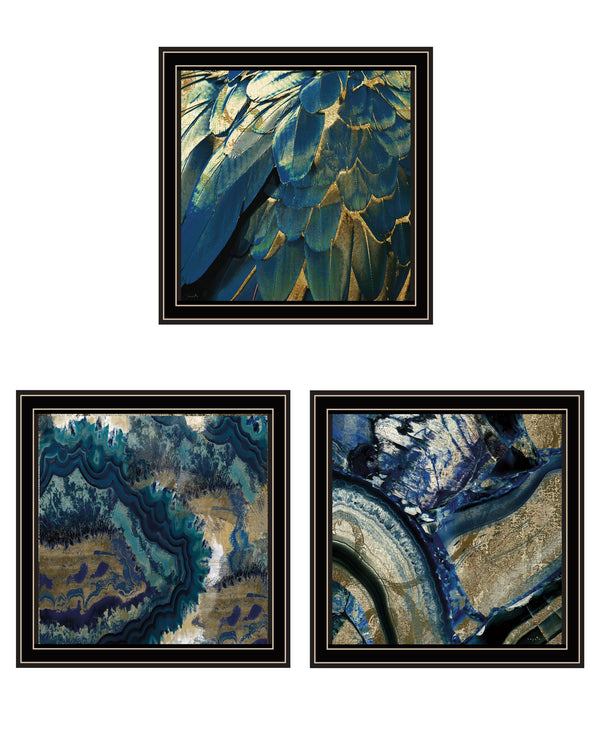 Homeroots Set Of Three Deep Blue 1 Black Framed Print Wall Art  Wood Print 408074