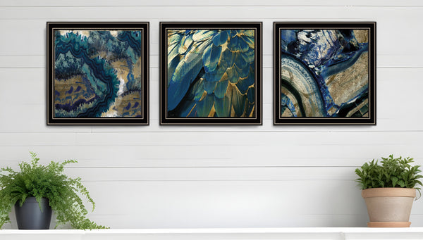Homeroots Set Of Three Deep Blue 1 Black Framed Print Wall Art  Wood Print 408074