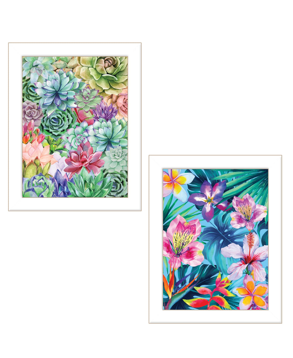Homeroots Set Of Two Succulents Paradise And Tropical Flowers White Framed Print Wall Art White Wood Print 408077