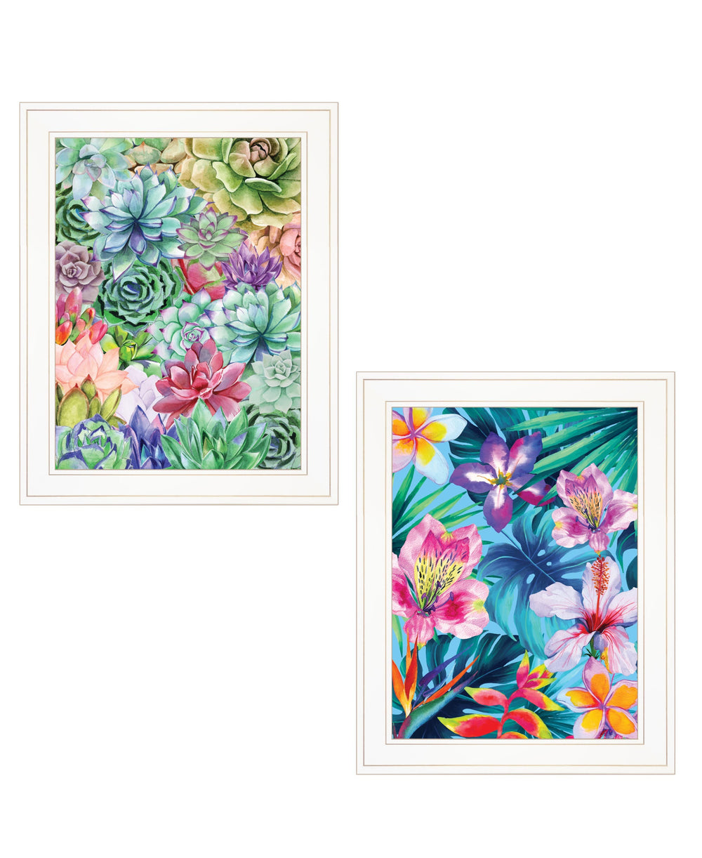Homeroots Set Of Two Succulents Paradise And Tropical Flowers White Framed Print Wall Art  Wood Print 408078