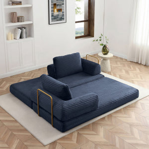 English Elm Convertible Floor Sofa Futon with Corduroy Upholstery for Living Room Lounging and Sleeping Blue W1117P434731