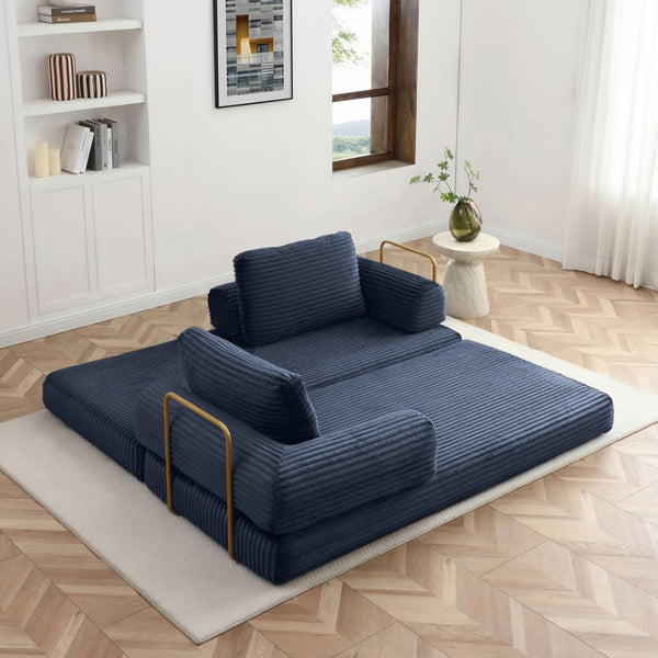 English Elm Convertible Floor Sofa Futon with Corduroy Upholstery for Living Room Lounging and Sleeping Blue W1117P434731