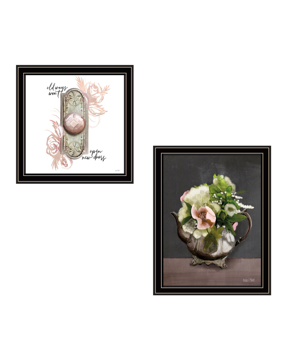 Homeroots Set Of Two Vintage Floral Tea Pot And Door Knob Black Framed Print Kitchen Wall Art  Wood Print 408181