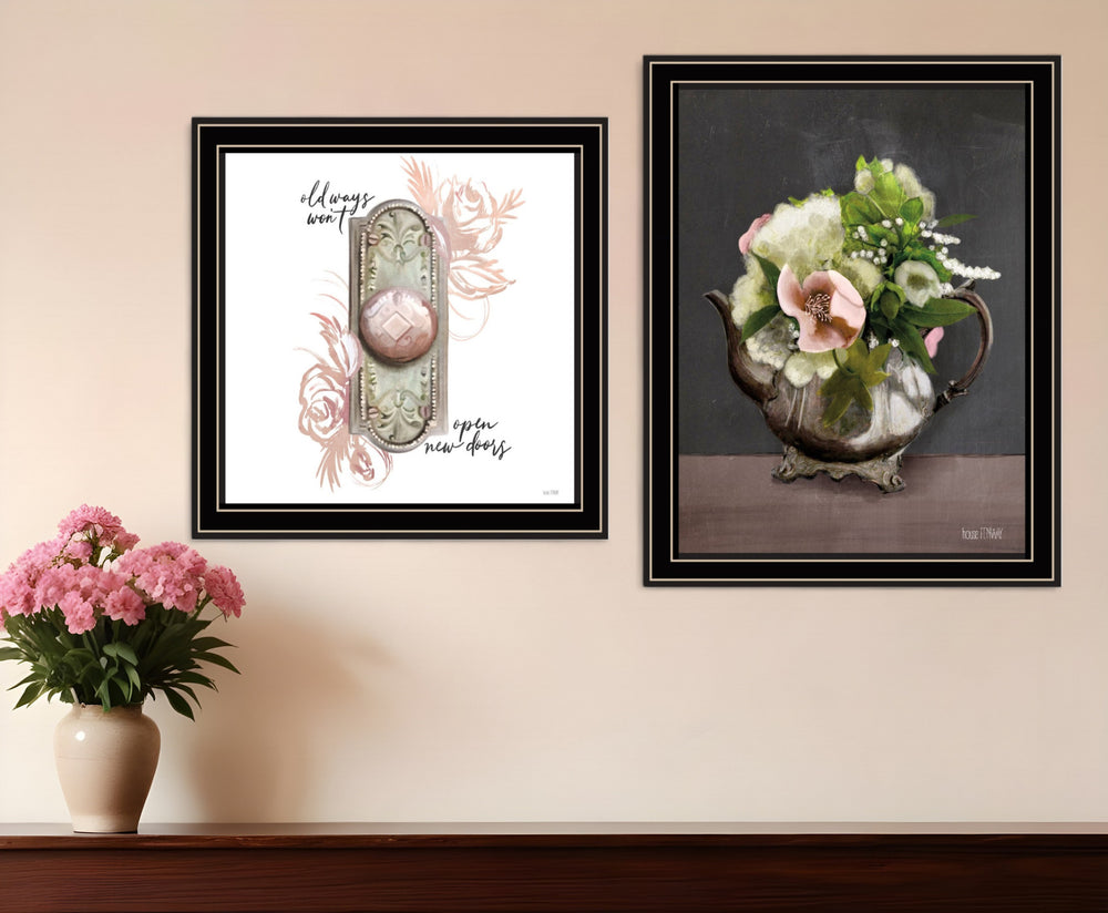 Homeroots Set Of Two Vintage Floral Tea Pot And Door Knob Black Framed Print Kitchen Wall Art  Wood Print 408181