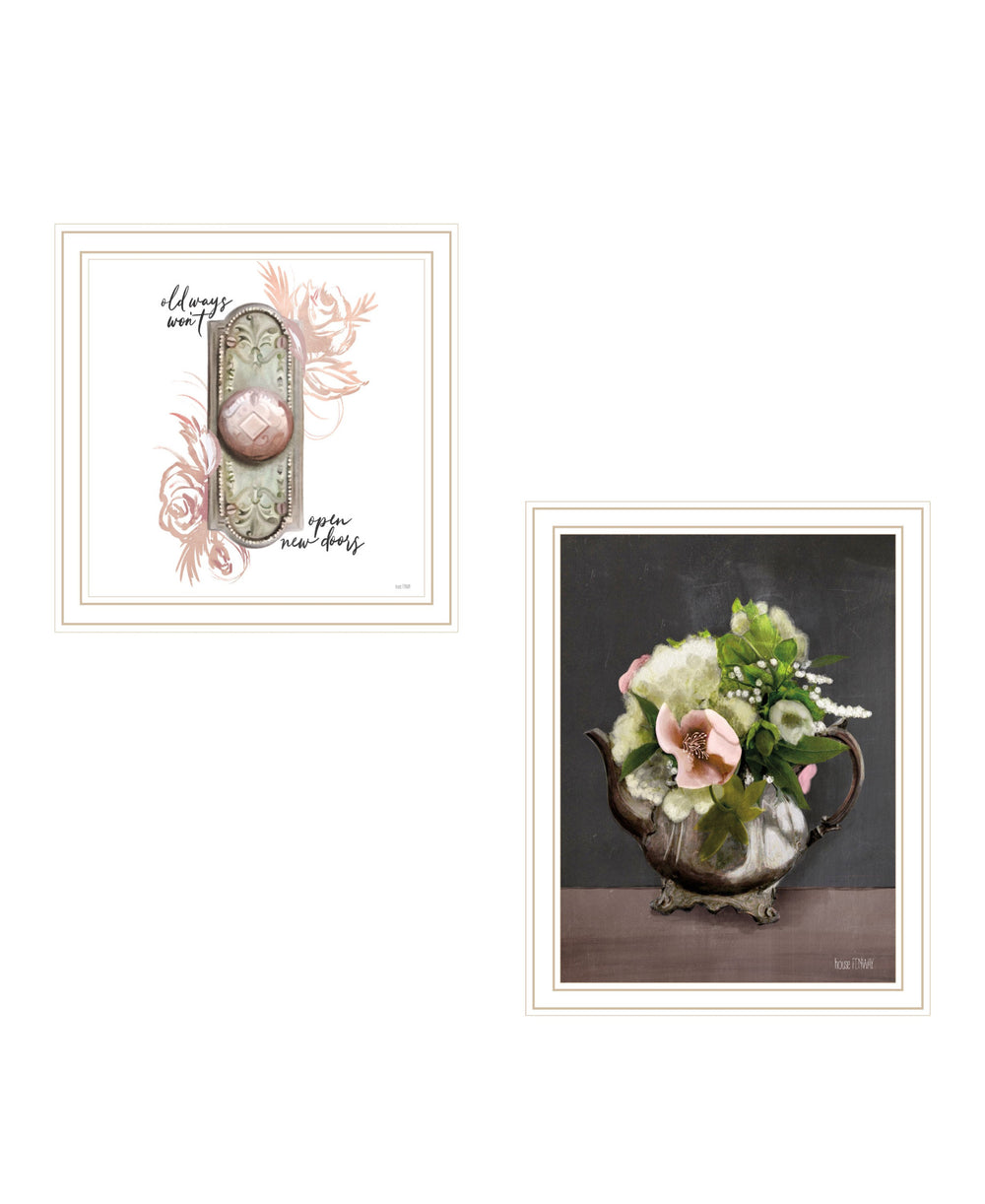 Homeroots Set Of Two Vintage Floral Tea Pot And Door Knob White Framed Print Kitchen Wall Art White Wood Print 408182