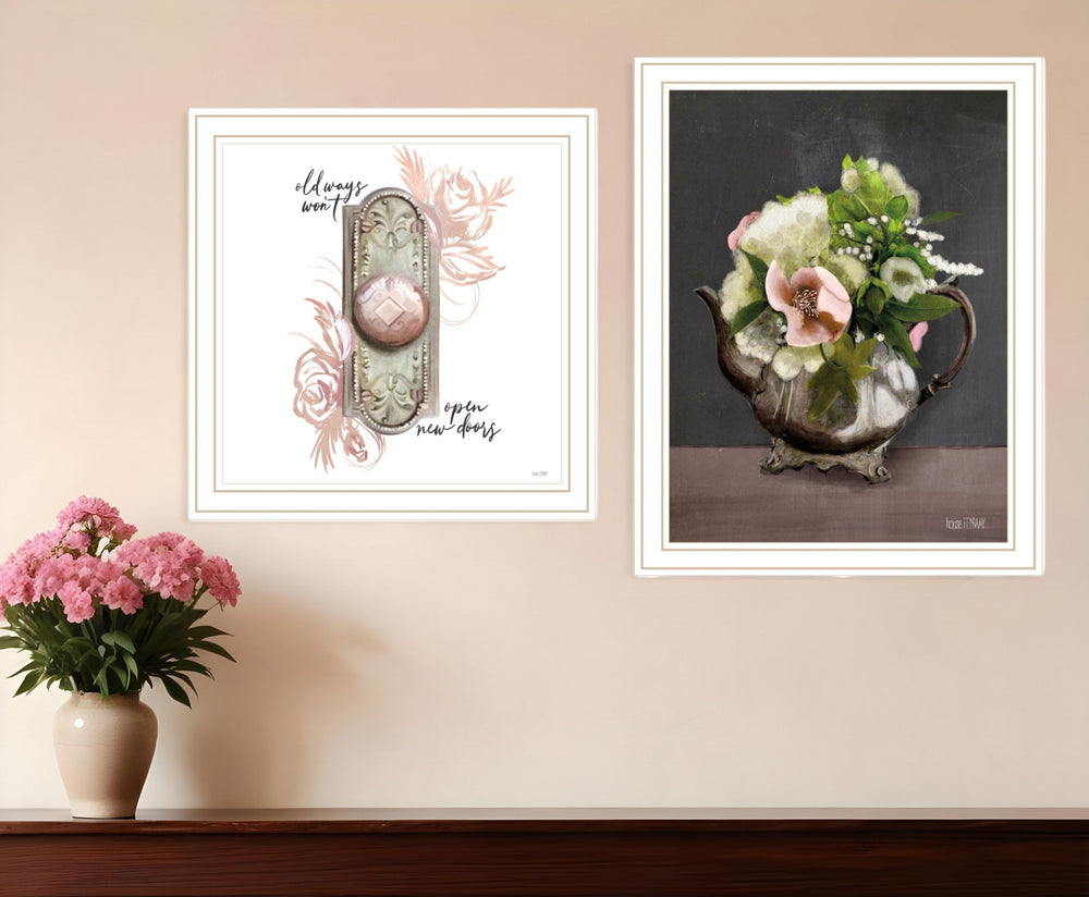Homeroots Set Of Two Vintage Floral Tea Pot And Door Knob White Framed Print Kitchen Wall Art White Wood Print 408182