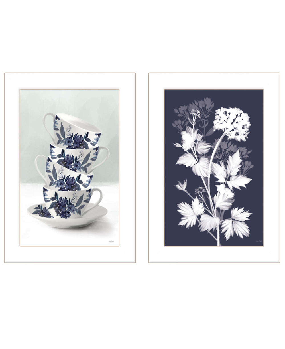 Homeroots Set Of Two Tea Towers With Flowers Blue White Framed Print Kitchen Wall Art  Wood Print 408187