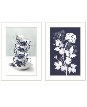 Homeroots Set Of Two Tea Towers With Flowers Blue White Framed Print Kitchen Wall Art  Wood Print 408187