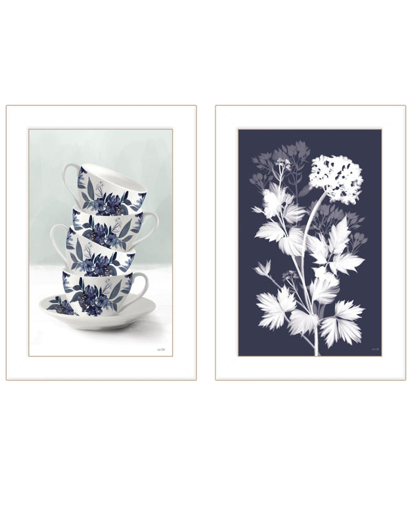 Homeroots Set Of Two Tea Towers With Flowers Blue White Framed Print Kitchen Wall Art  Wood Print 408187